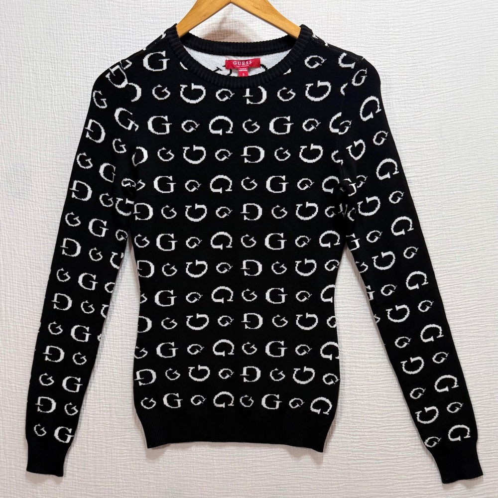 Guess Rafi Sweater Womens Small Black White Monogram Logo Knit Preppy